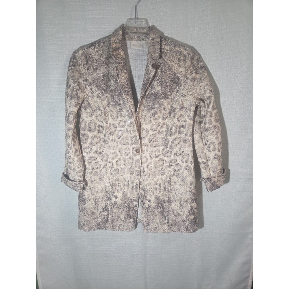 Chicos Textured Animal Duster Jacket Women's 1 Or Medium Beige Leopard Cheetah